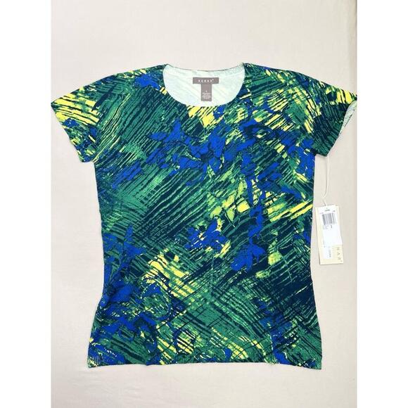 KENAR Blue Green Silk Blend Daphne Knit Top Size M Multicolor Print Short Sleeve - Picture 6 of 10
